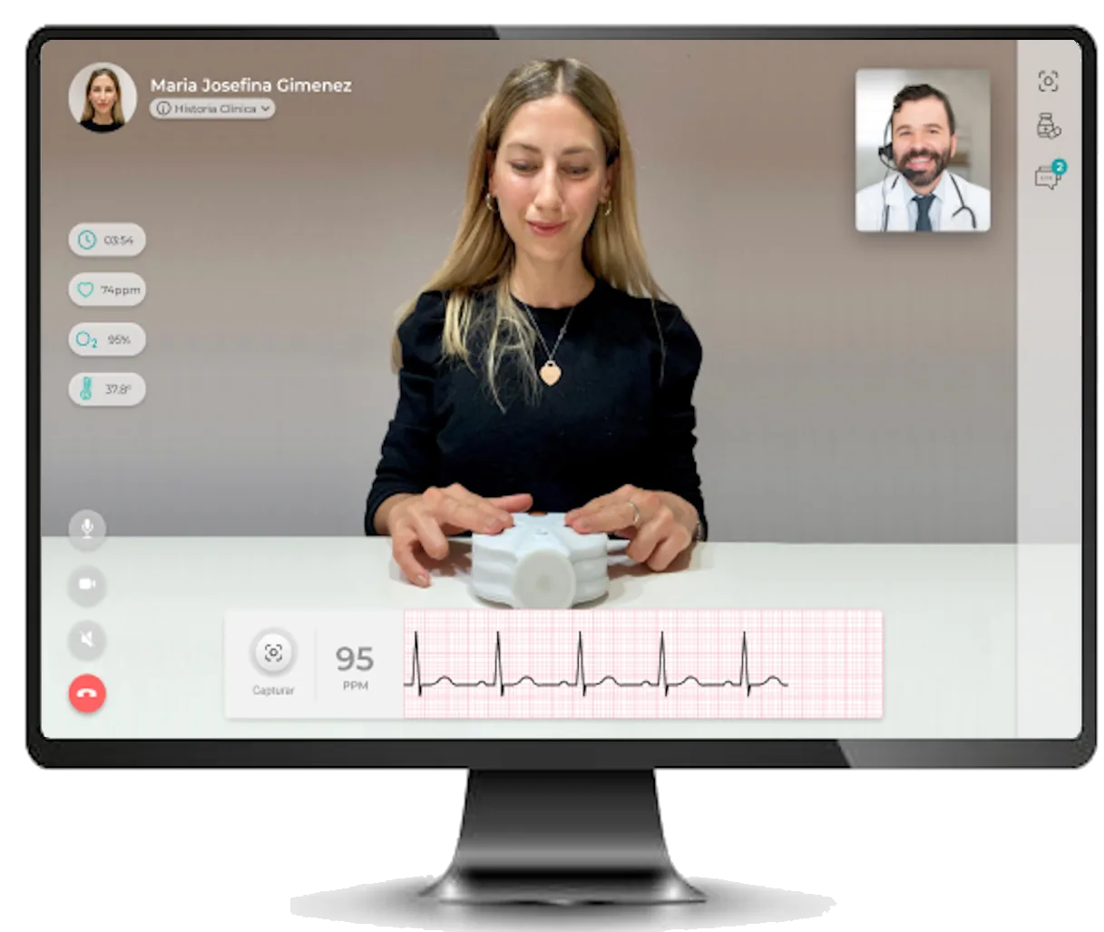 A doctor conducting a video consultation from a desktop computer