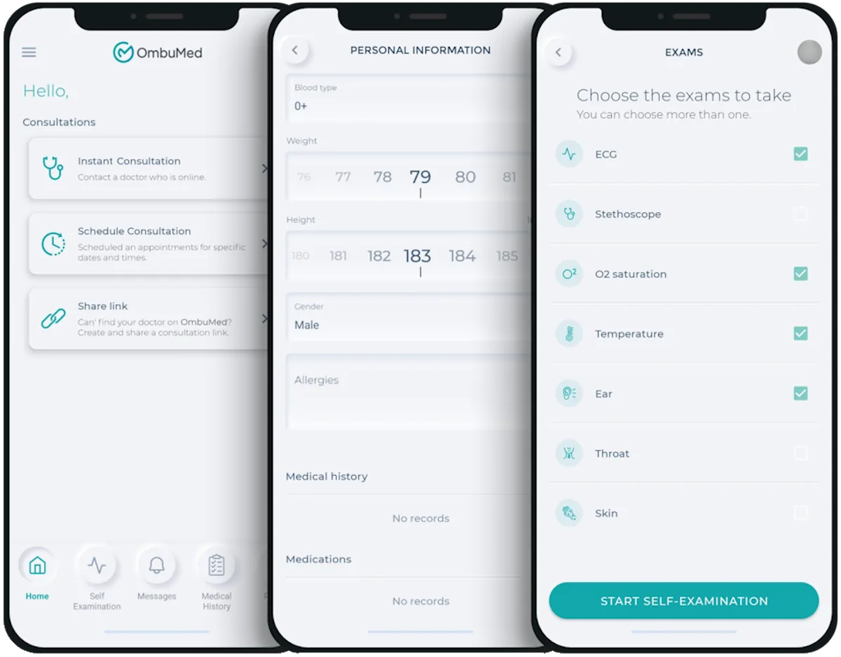 Three screens of the OmbuMed mobile app: home, personal information and exam selection